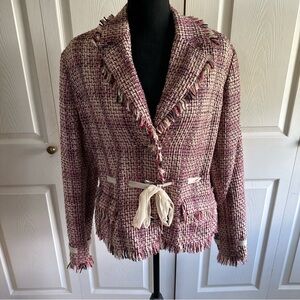 Vintage Pamela McCoy pink tweed box cut jacket with chiffon tie detail Size L